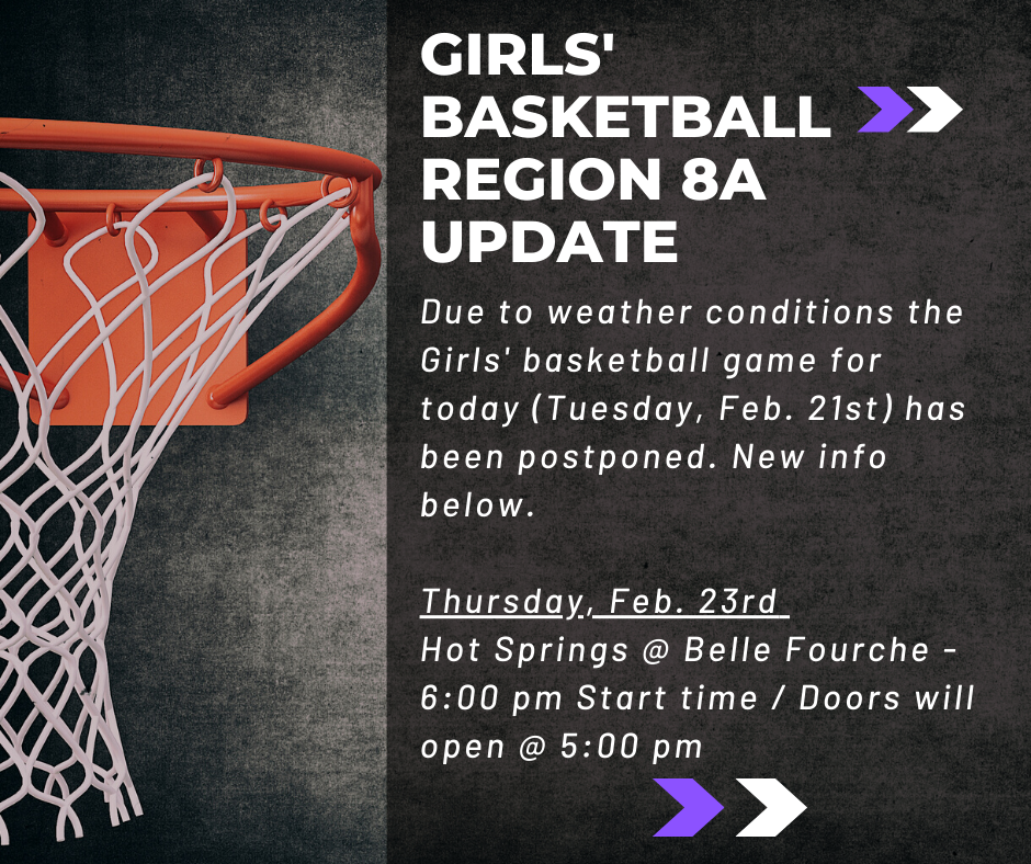 GBB Region 8A Update - Due to weather conditions the GBB game for today has been postponed to Thursday, Feb. 23rd  - Hot Springs @ Belle Fourche / 6:00 pm start time / doors open @ 5:00 pm