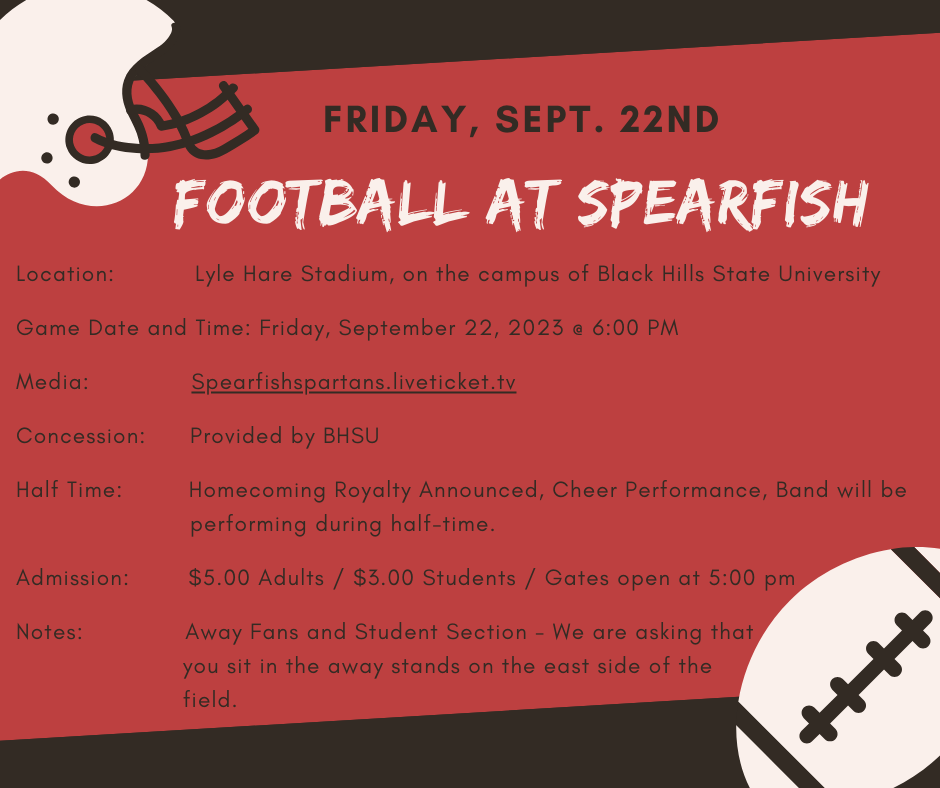 9/22/23 Football Varsity @ Spearfish - 6 pm start time at Lyle Hare Stadium - BHSU Campus